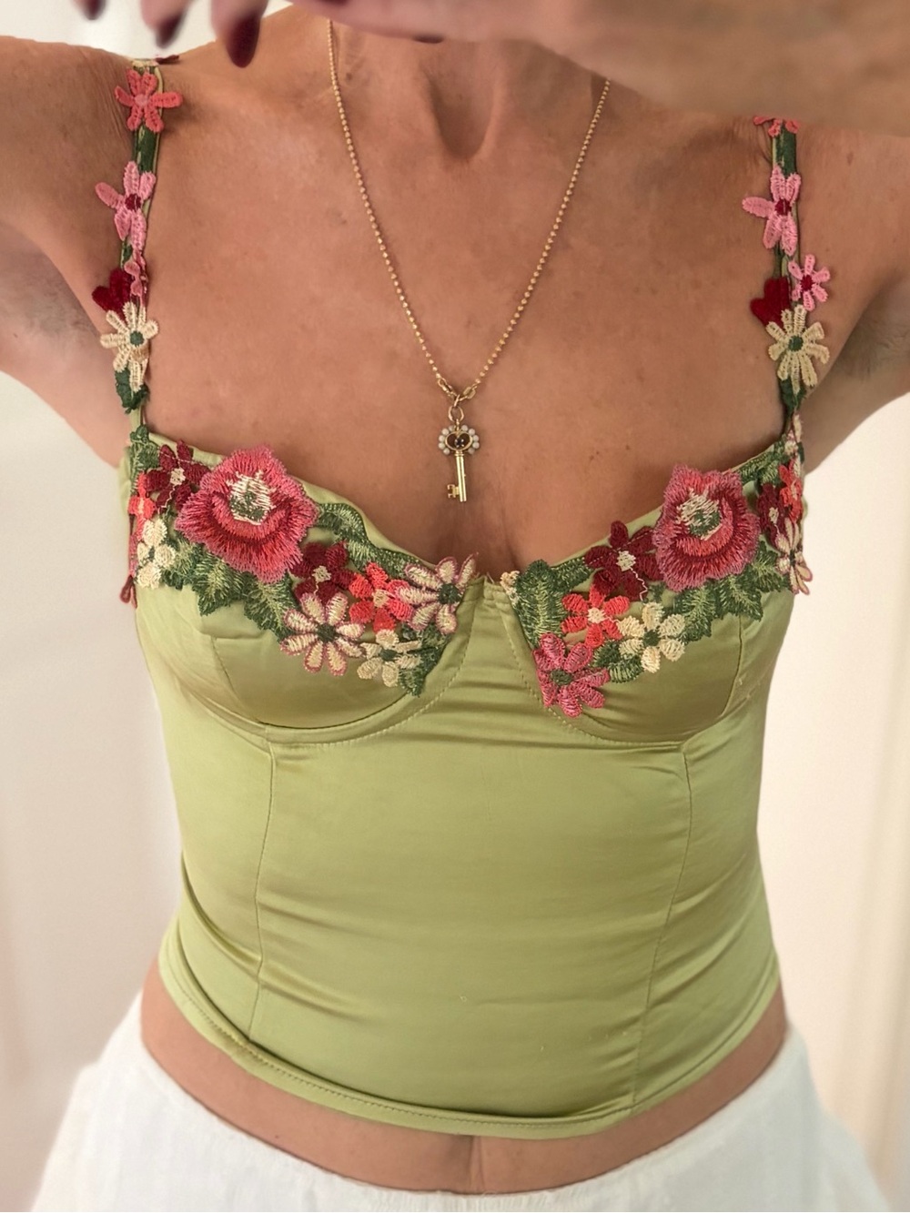 Floral Embroidered Green Bustier Top